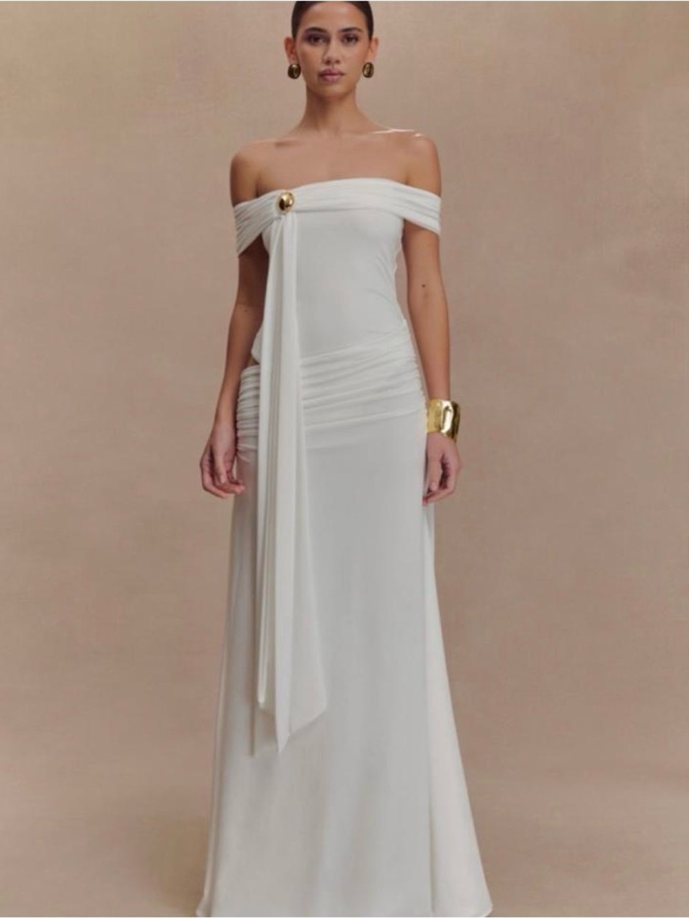 Meshki One-Shoulder Ivory Evening Gown with Draped Sash